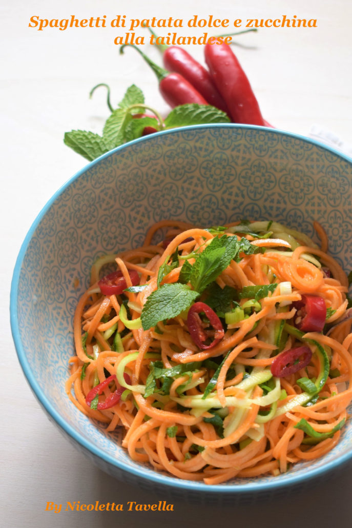 Sweet potato and courgette spaghetti salad with a Thai touch